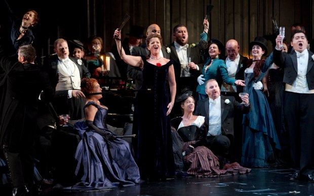 WNO La traviata - Rebecca Afonwy-Jones (Flora), Linda Richardson (Violetta), Kang Wang (Alfredo) and WNO Chorus. Photo credit Betina Skovbro - 2941a copy