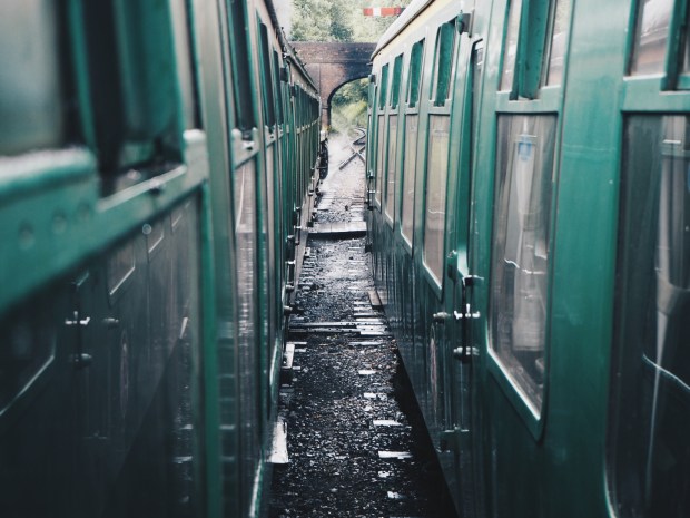 Looking down the length of a steam train
